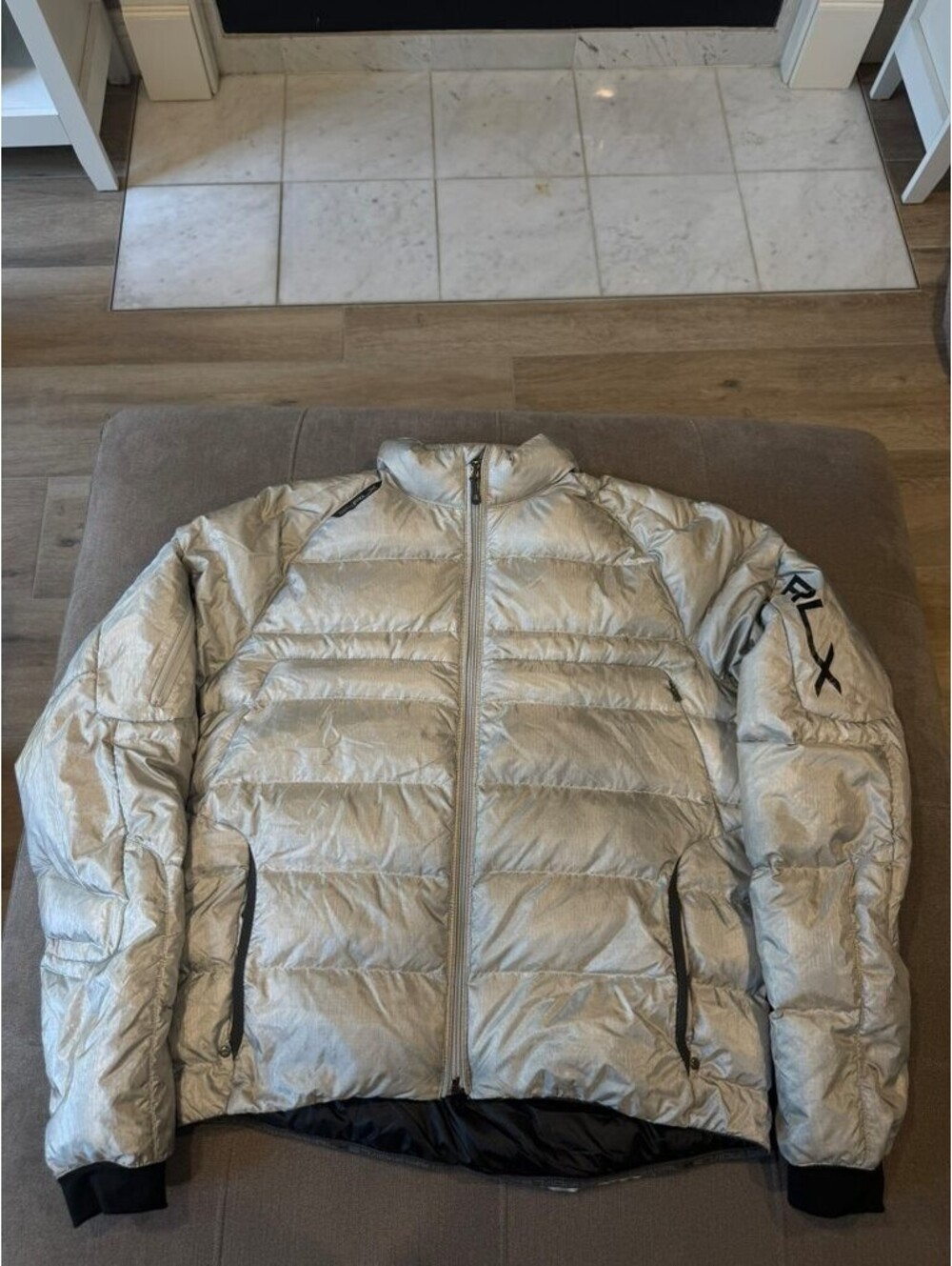 RLX Ralph Lauren Silver Down Puffer Jacket Mens L Full Zip